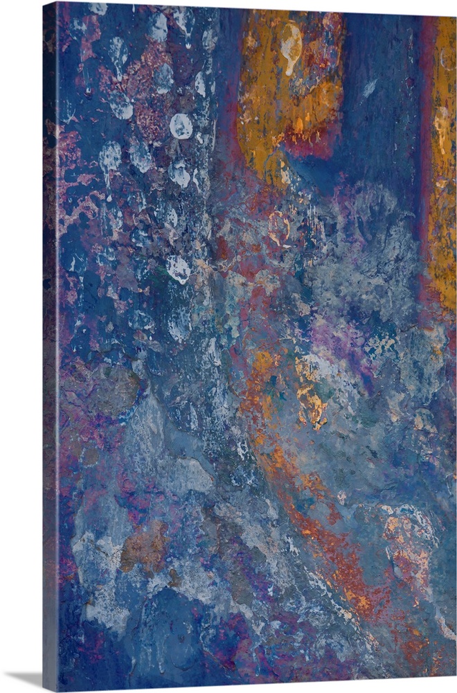 An abstract expressionist image of shimmering textures in blues, russets and greens and pinks.