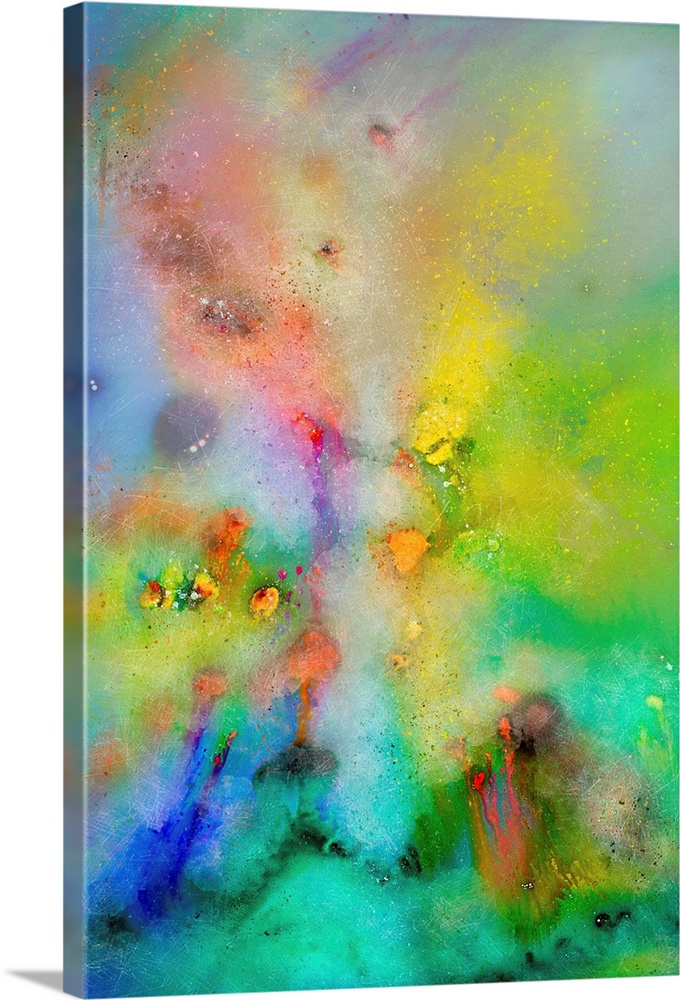 Colorful abstract artwork consisting of paint splatters, paint drips and distressed textures.
