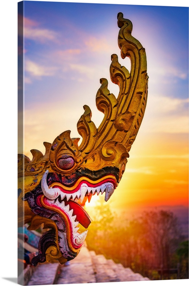 A dragon's head close-up in front of a sunset in Asia