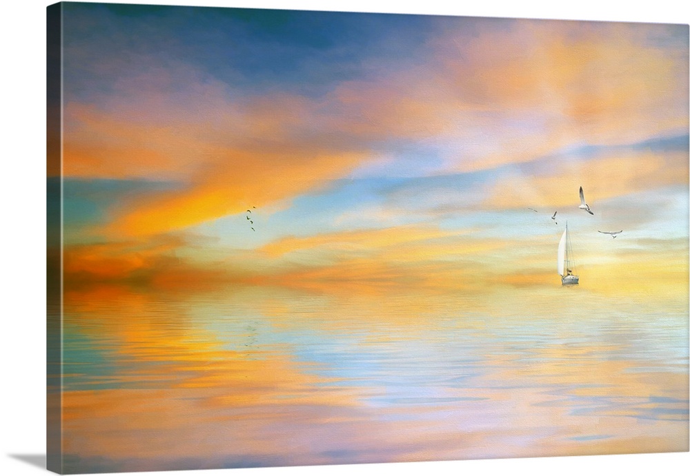 Reflection of a sunset over the sea with birds and lighthouses