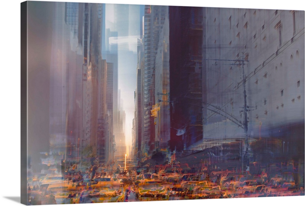 Abstract style photograph of a New York City streetscape with yellow taxi cabs in the foreground and tall buildings leadin...