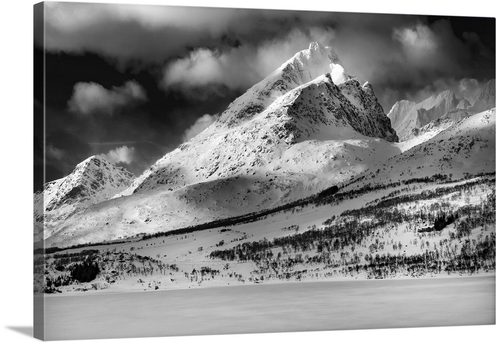 Snowy mountain in Norway, black and white photo