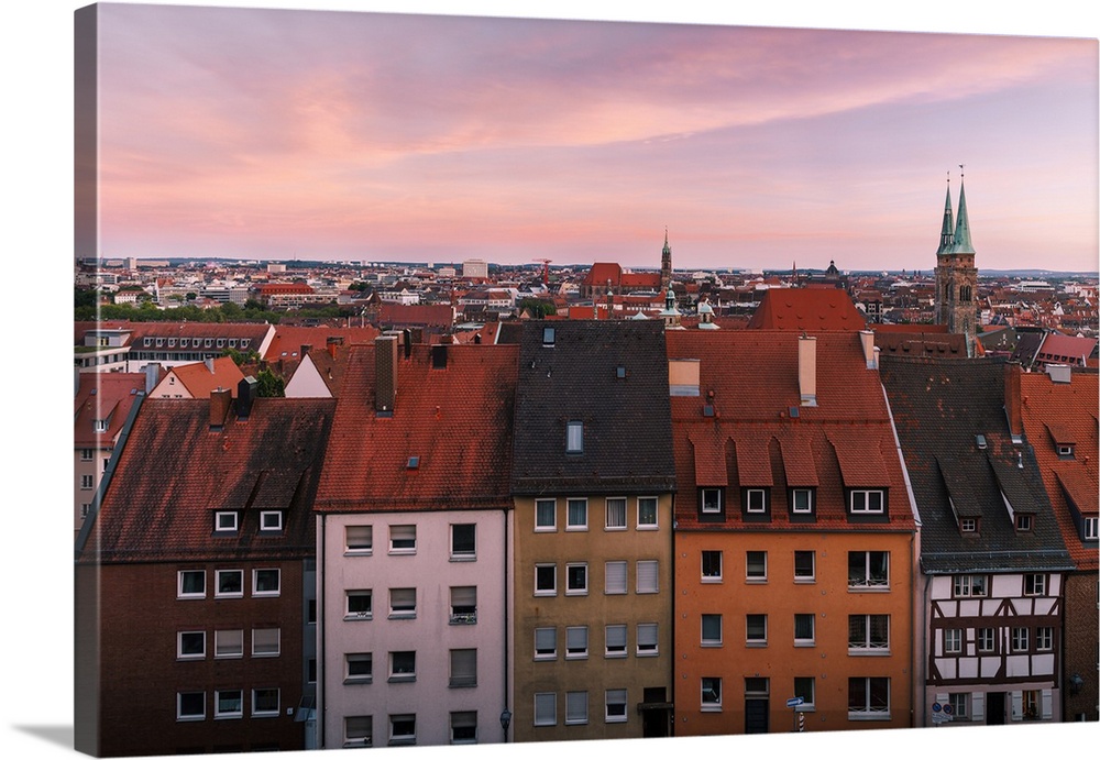 Pink skyline of old town in Nuremberg, the second largest city in Bavaria of Germany.