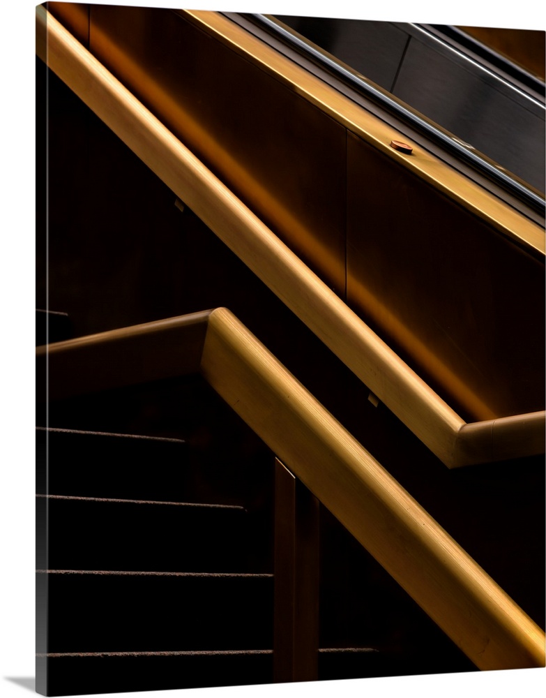 Wooden railing and staircase in New York, at an abstract angle.