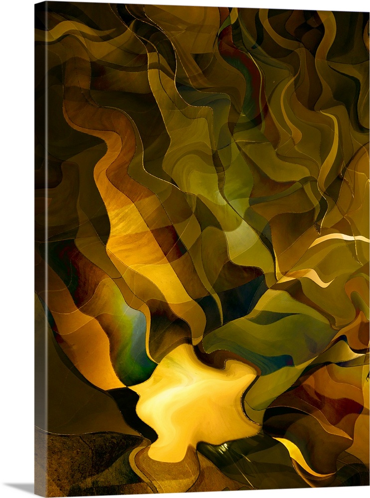 Abstract photograph made of wavy shapes in varying golden shades.