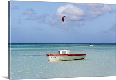 Old Boat And A Kite Surfer, Eagle Beach, Aruba