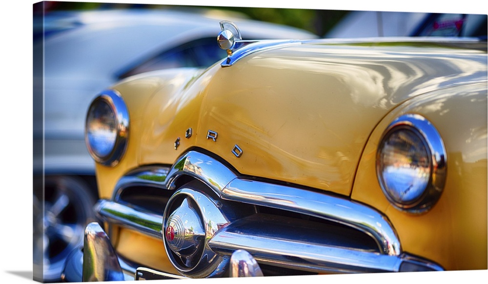 Frontal Close Up View  of a Classic 1949 Forfd Custom Automobile.