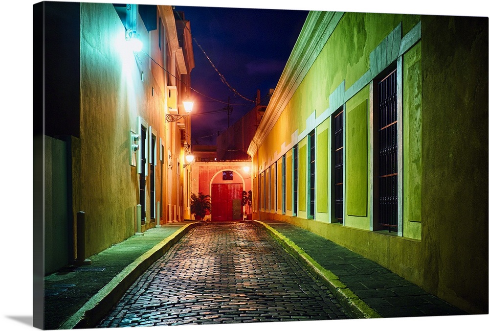 Cobblestone Street in Night Illumination, Old San Juan, Puerto Rico