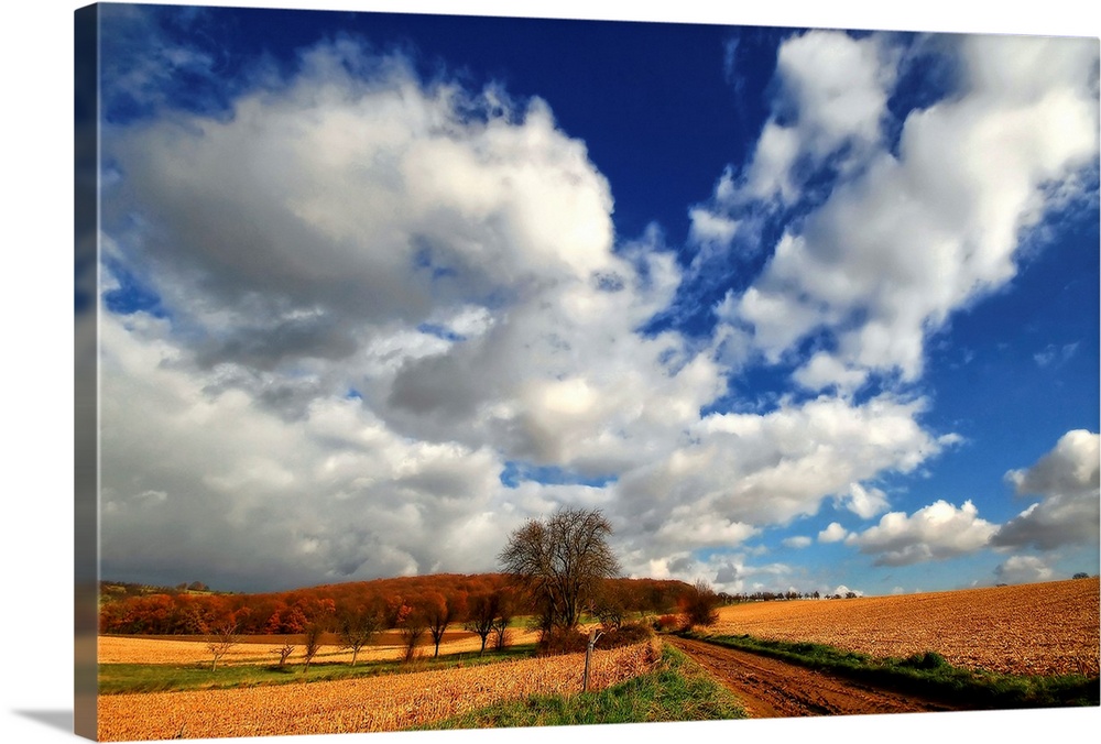Blue sky with heavy clouds above the countryside