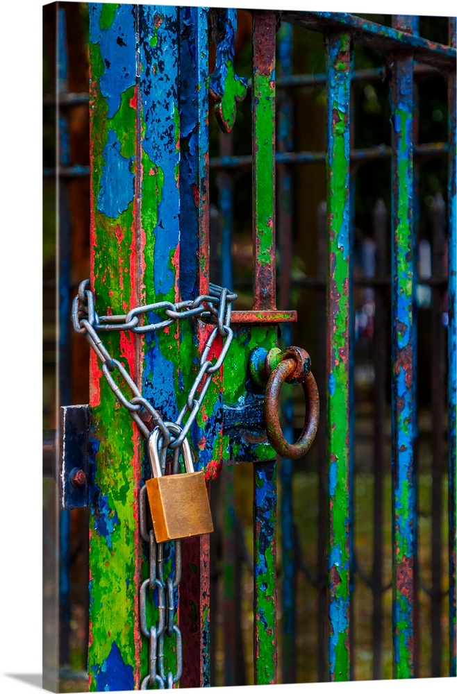 Lock and chain on a blue and green metal fence with peeling paint.