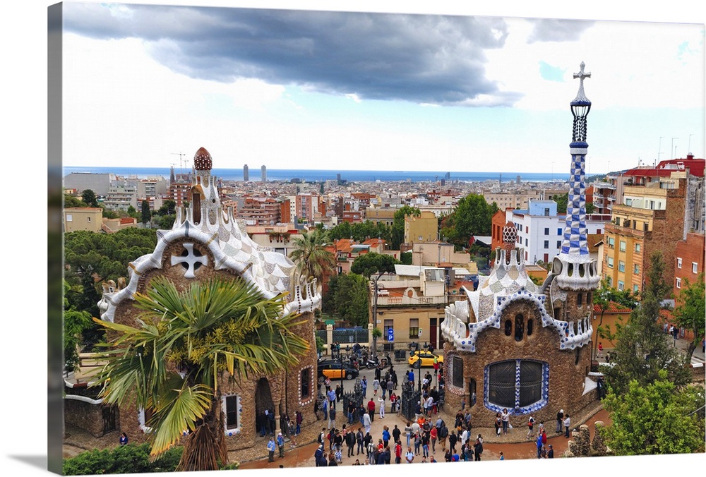 Park Guell Entrance with Two Ornamental Buildings of Antoni Gaudi