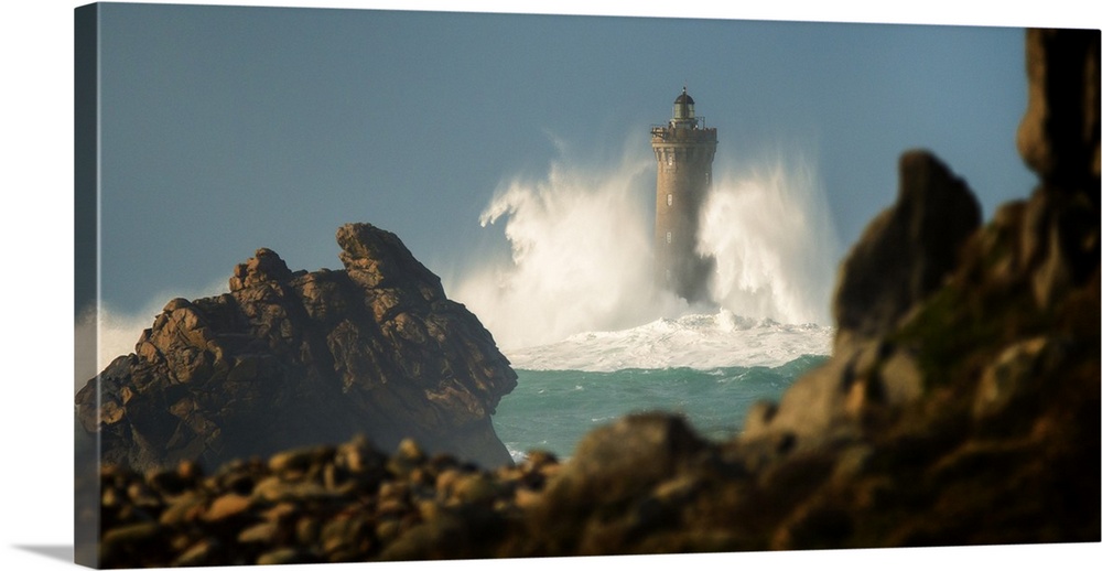 Panoramic view of "Le Four" lighthouse in the north coast of Brittany in France in Porspoder.