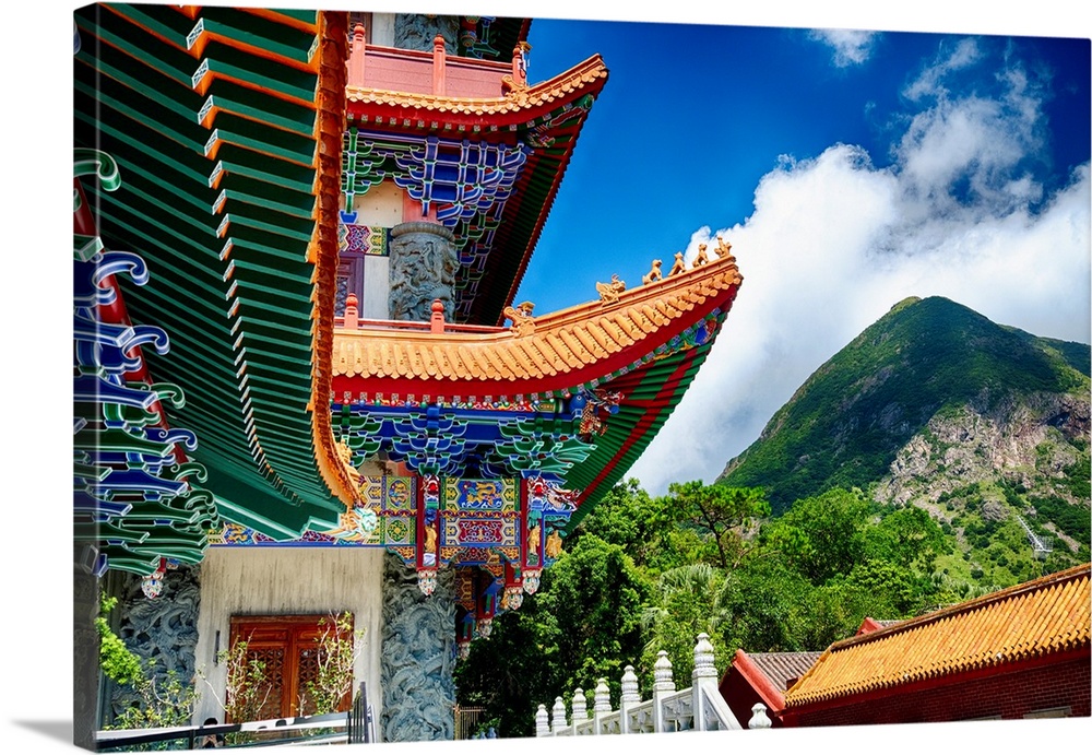 Colorful roof details of the Po Lin Buddhist Monastery, Lantau Island, Hong Kong, China.