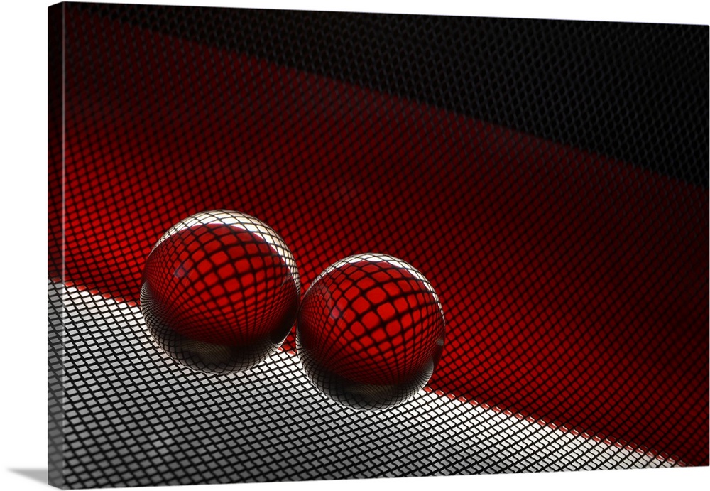 Two glass spheres reflecting a field of small dots against red.