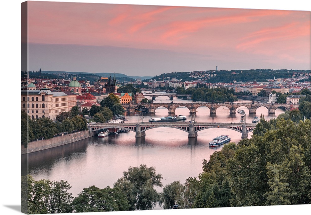 Bridges over Vltava river in Prague. The middle one is the most famous Charles Bridge, a medieval stone arch built from th...
