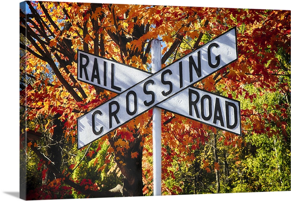 White railroad crossing sign in the traditional X shape against a backdrop of fall trees.