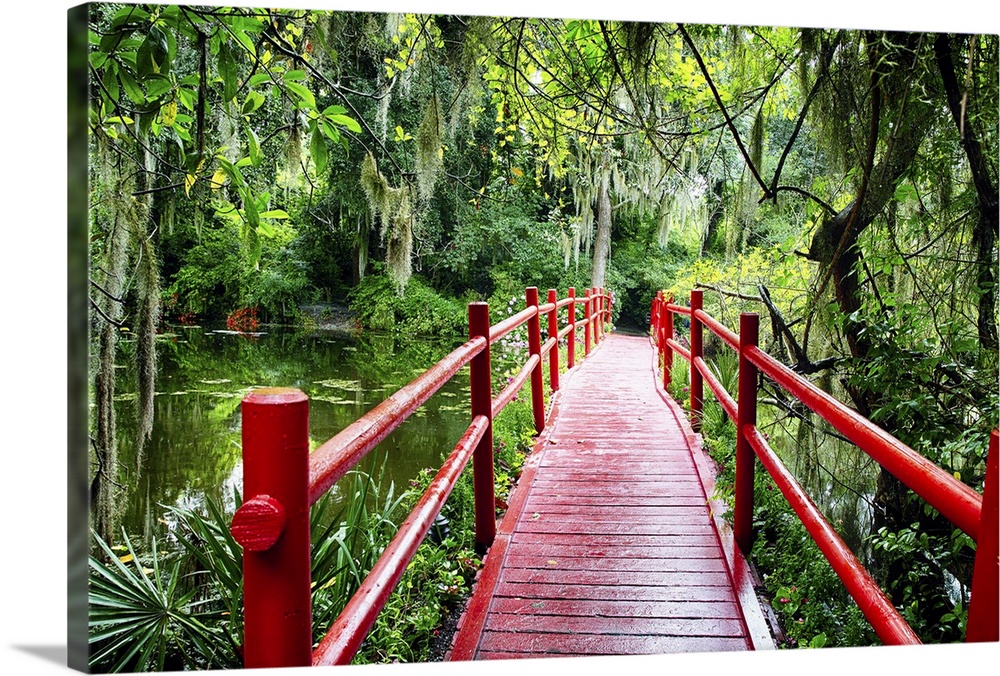 View of a Red Wooden Footbridge in a Southern Marshy Garden, South Carolina
