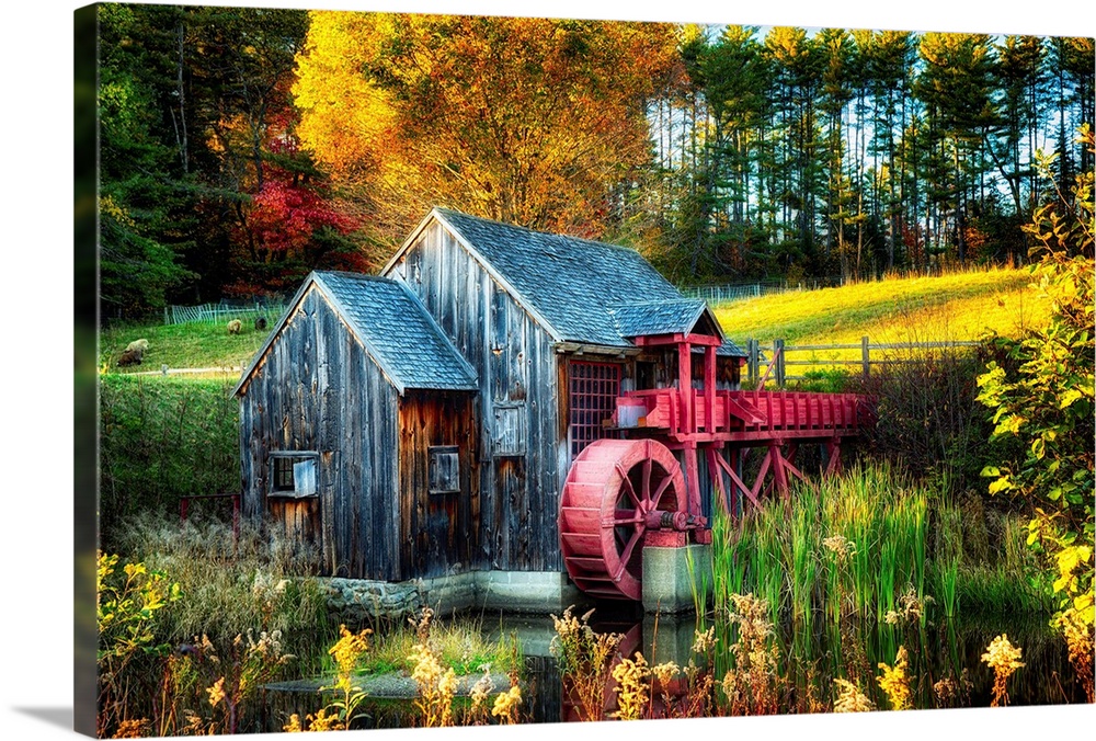 Fine art photo of an old water wheel in the fall in New England.