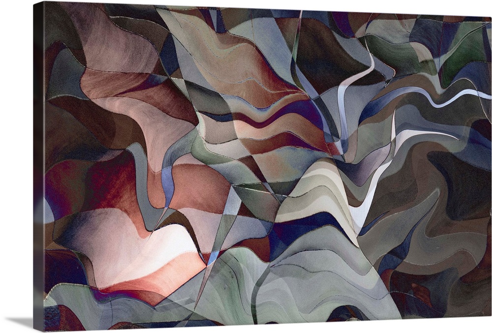 Colorful abstract photograph with wavy shapes in hues of blue, red, gray, green, and purple.