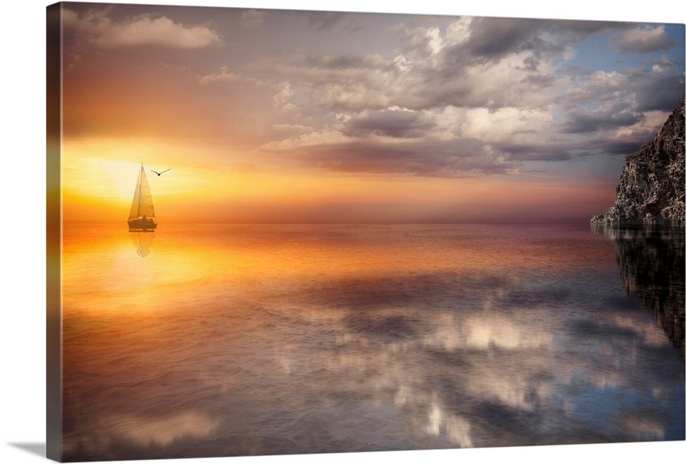 Photograph of sailboat on ocean with sun and clouds reflection.  There is a silhouette of a bird flying next to the boat.