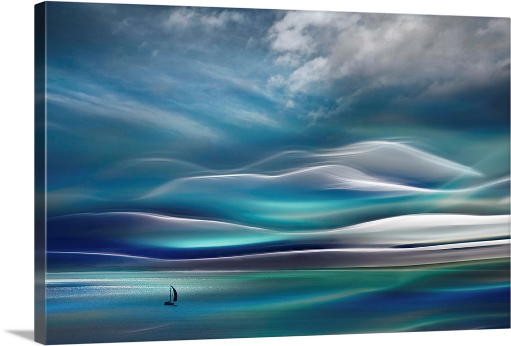 Huge abstract art depicts a lone sailboat traveling across open waters with a mountain in the background.