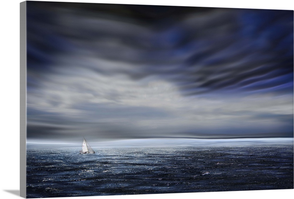 A small sailboat dwarfed by the vastness of the open ocean, under dark stormclouds.