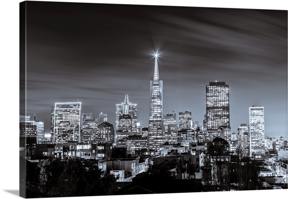 A black and white long exposure image of the skyline of financial district in San Francisco.