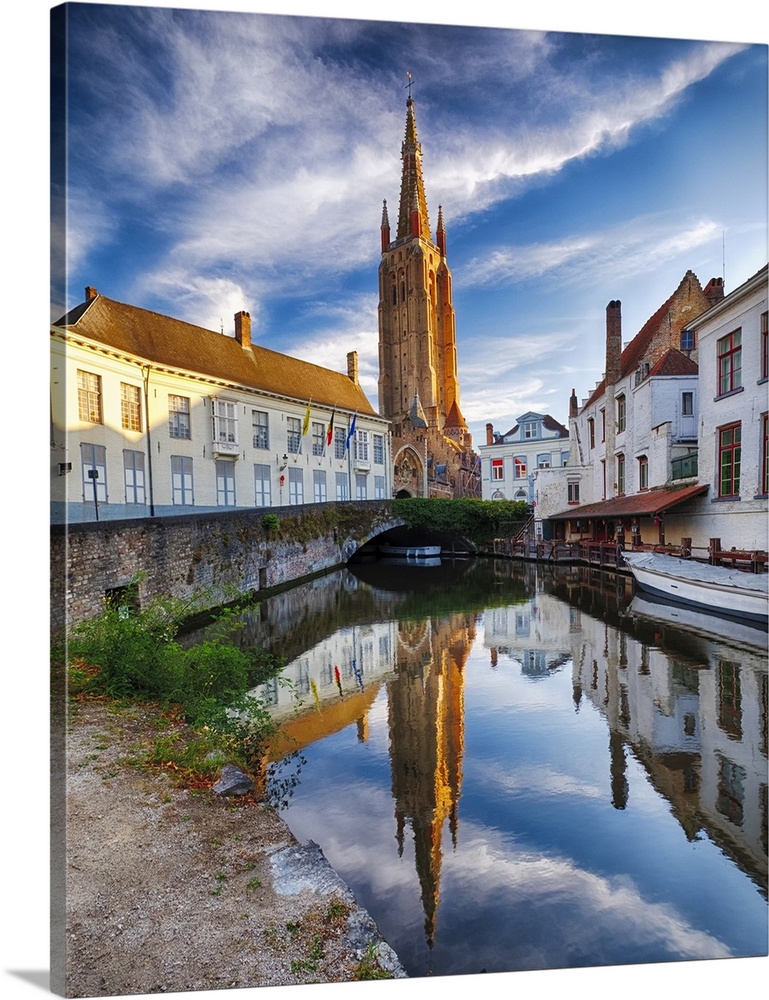 Tranquil Scene in Bruges with the Church of Our Lady Reflected in the Canal, Bruges, Flanders, Belgium
