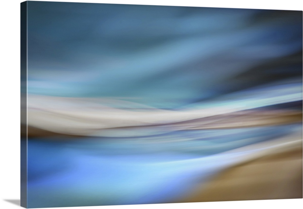 Abstract interpretation of being on a sandy beach by the ocean, on a blue day.