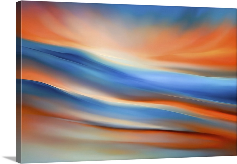 Vibrant swirls of blue and orange blend seamlessly, creating a sense of movement and depth. The colors merge together in a...