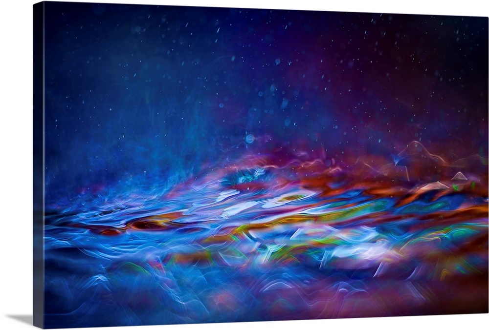 Contemporary abstract painting of colorful waves and mist of soft glowing light.