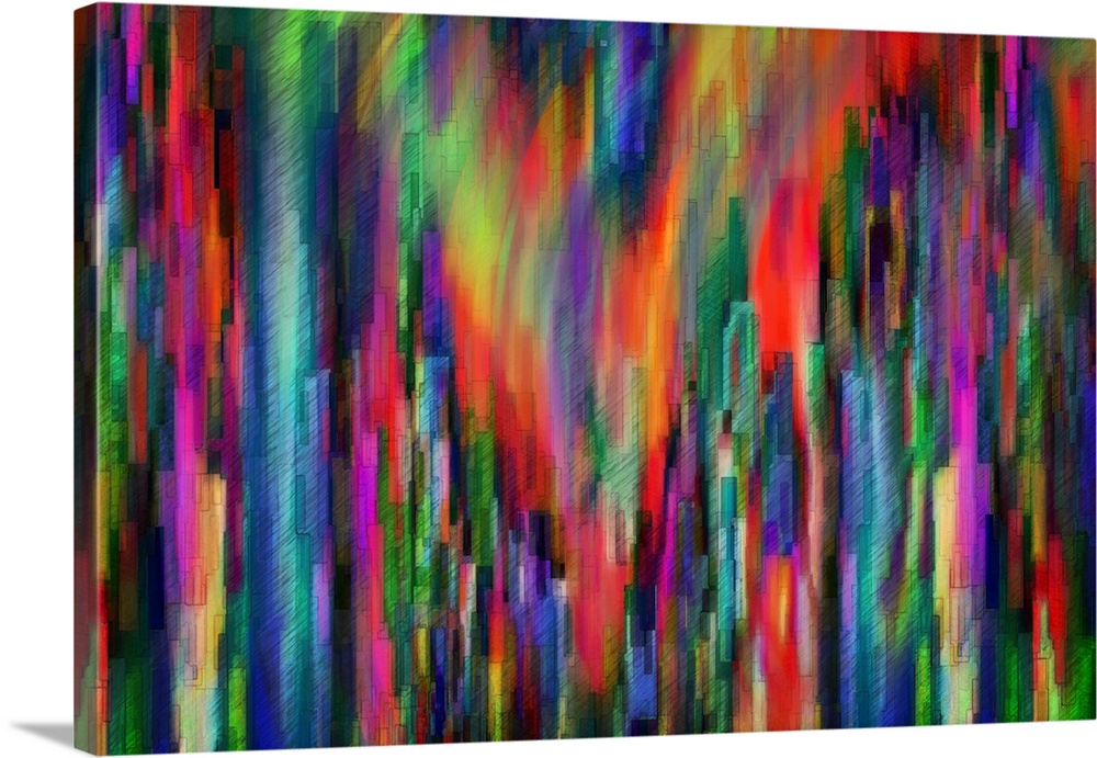 Technicolor neon lights from a city scene warped into abstract shapes to create a mosaic-like image.