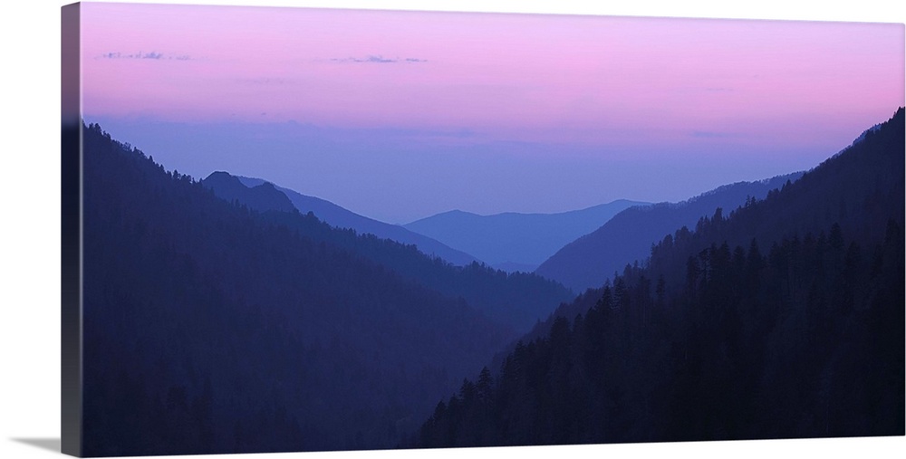 Lavender sky over the Blue Ridge Mountains at sunset.