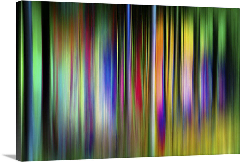 Abstract image of colorful vertical bands resembling neon trees.
