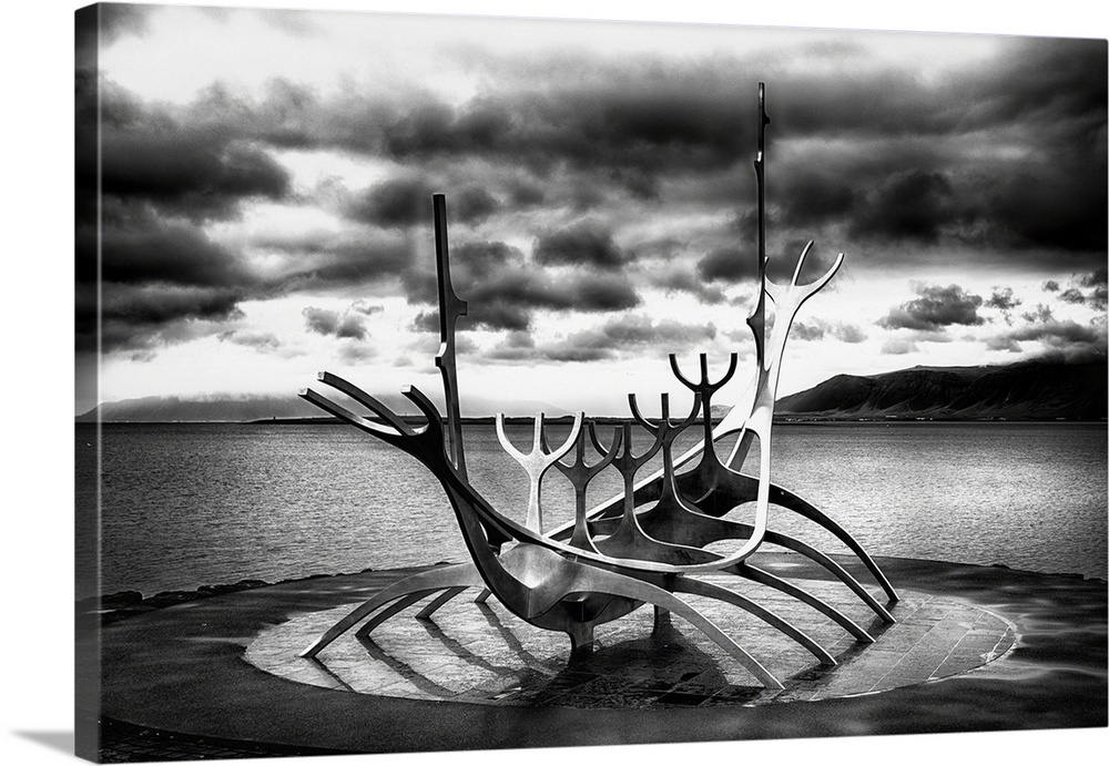 Modern Metal Sculpture Resembling to a Viking Long Ship, The Sun Voyager In Reykjavik Harbor, Iceland