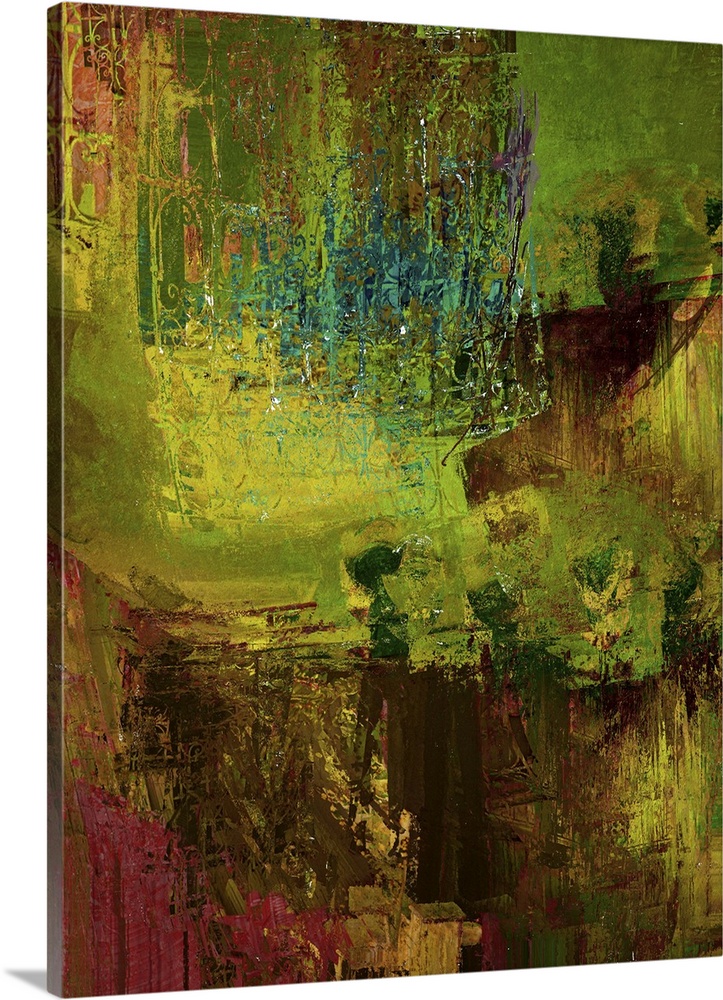 An abstract expressionistic image full of movement and texture in iridescent greens, golds, browns and reds.