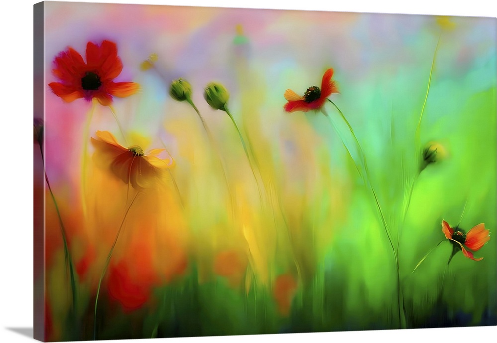 Vivid flowers in shades of red and orange stand against a blurred background of greens and blues, giving an impressionisti...