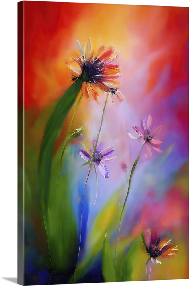 Vibrant colors blend seamlessly to create a dreamy background for delicate flowers, with petals in shades of pink and oran...