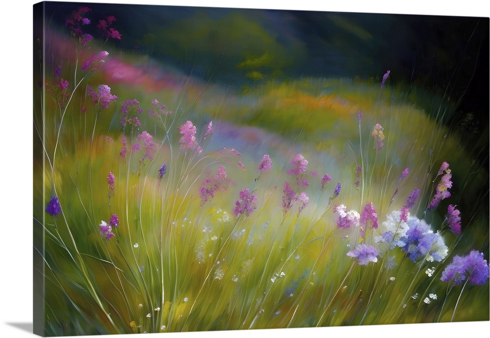 Gentle wildflowers in shades of pink, purple, and white sway in a vibrant meadow. Soft colors blend seamlessly, creating a...
