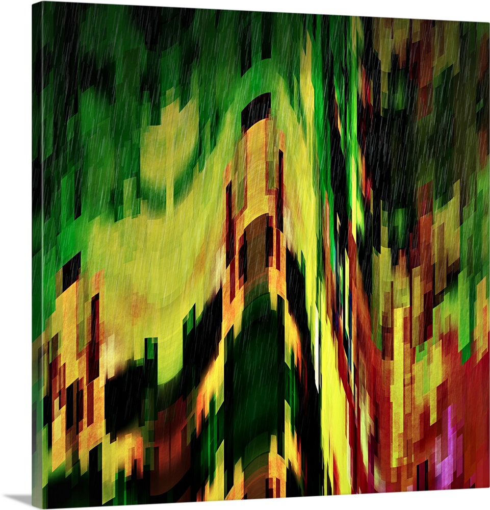 Bright yellow, red, and green lights from a city scene warped into stretched, square shapes to create an abstract image.