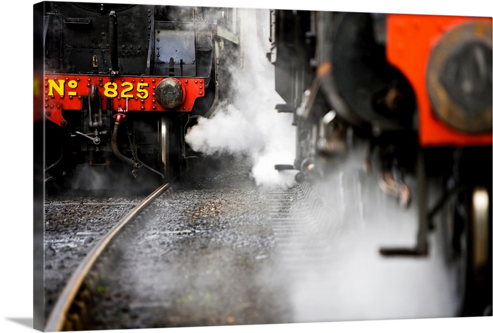 This wall art piece depicts the front of two trains, one up close and one further back, both with steam billowing out.