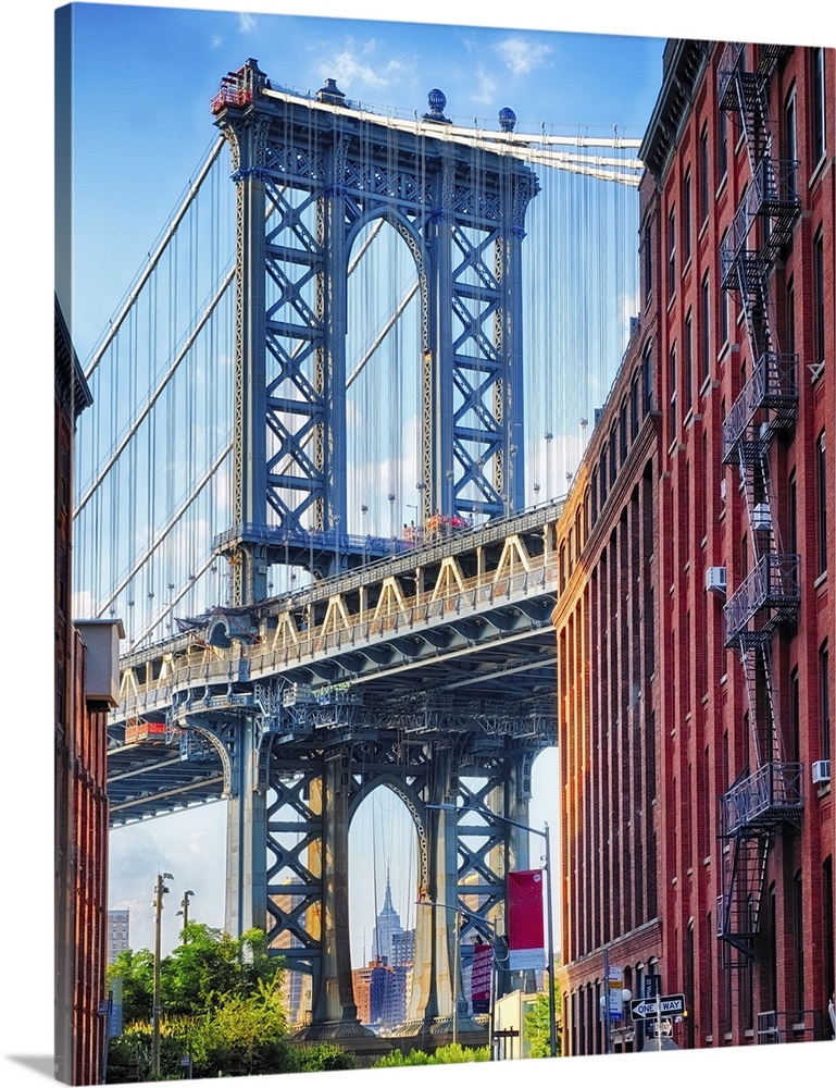 Street View of the Manhattan Bridge Brooklyn Tower, New York City.
