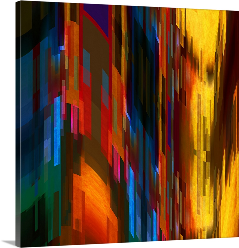 Bright orange and yellow lights from a city scene warped into stretched, square shapes to create an abstract image.