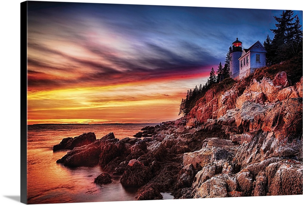 Lighthouse on a Cliff at Sunset, Bass Harbor Head Lighthouse, Maine.