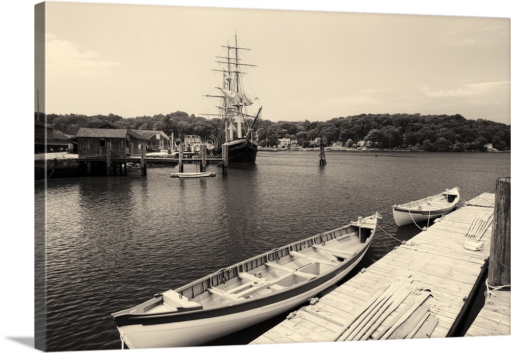 View of a Fully Rigged Tall Ship in Mystic Seaport, Connecticut