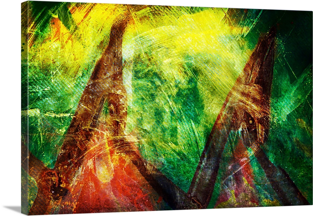 Abstract image resembling two tepees in green, yellow, brown, and red hues.