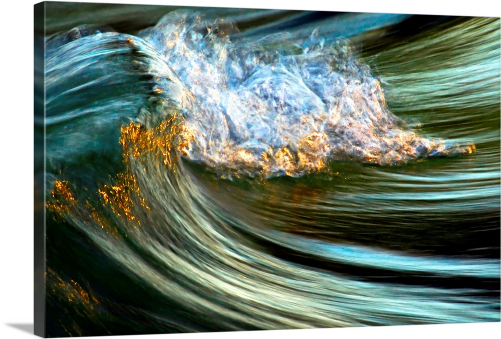 Big photograph focuses on the crest of a wave as it begins to fold over and crash against itself.