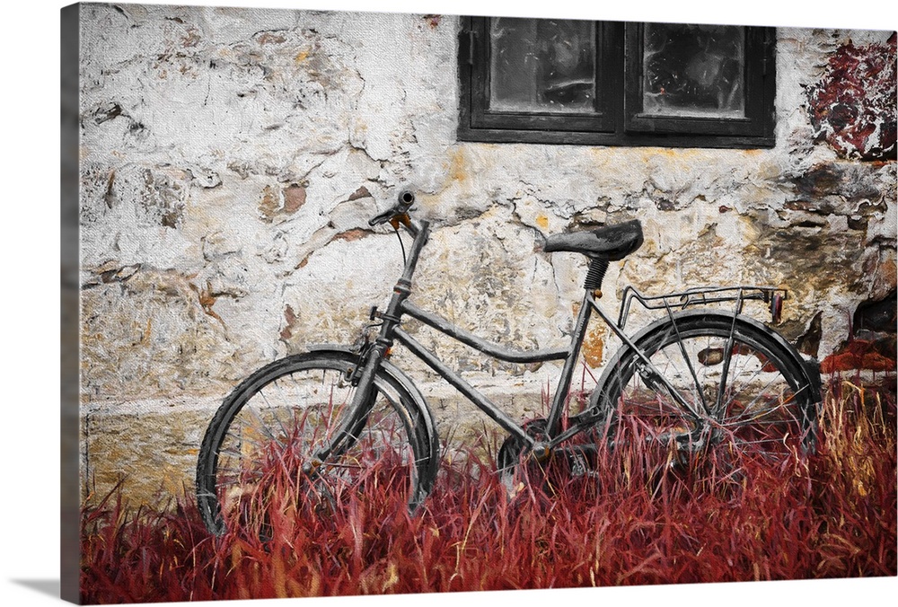 An old bicycle in red grass against a stone wall.