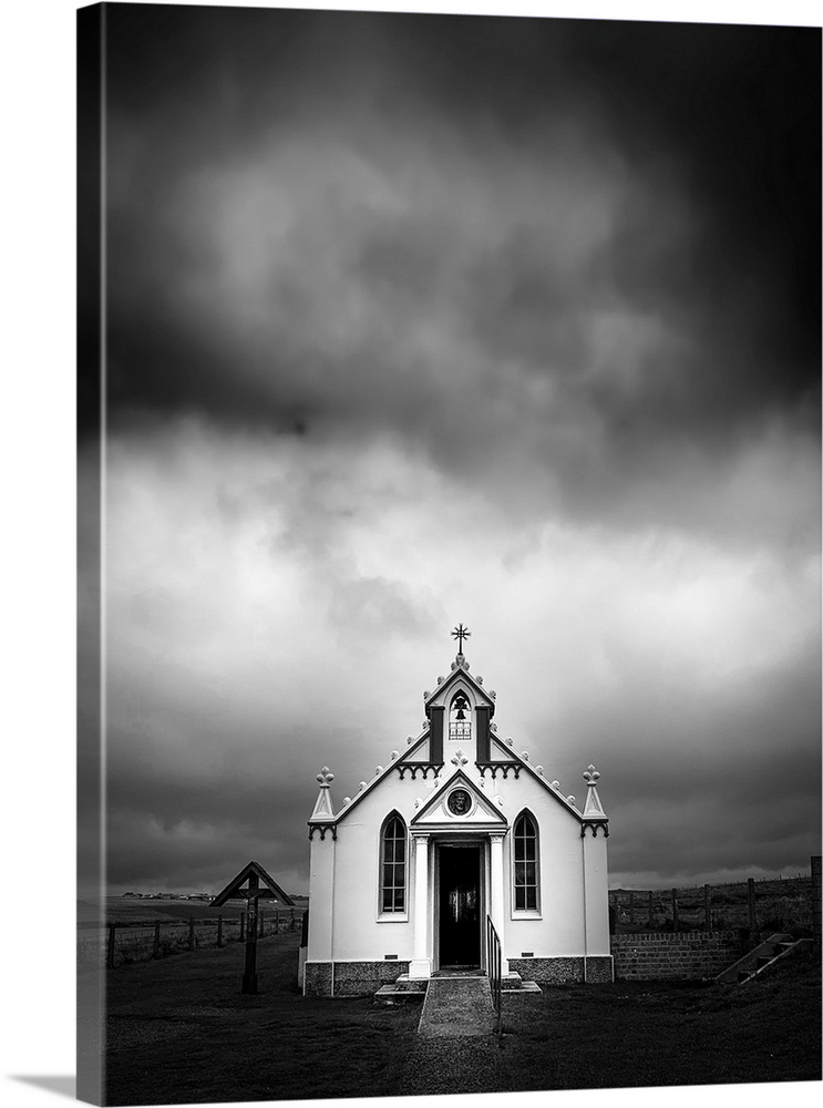 Dramatic black and white fine art photography of The Italian Chapel on Orkney Island in Scotland.