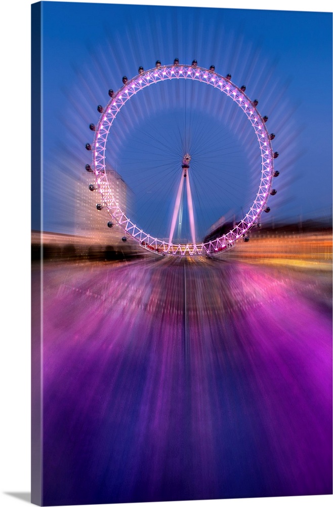 Long exposure fine art photo of the London Eye ferris wheel with purple lights.